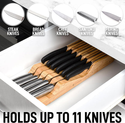 Bamboo Knife Drawer Organizer Insert - Edge-Protecting Knife Organizer Block Holds Up To 11 Knives - Smooth Finish Drawer Knife Organizer Tray Fits In Most Drawers For Kitchen