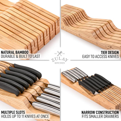 Bamboo Knife Drawer Organizer Insert - Edge-Protecting Knife Organizer Block Holds Up To 11 Knives - Smooth Finish Drawer Knife Organizer Tray Fits In Most Drawers For Kitchen