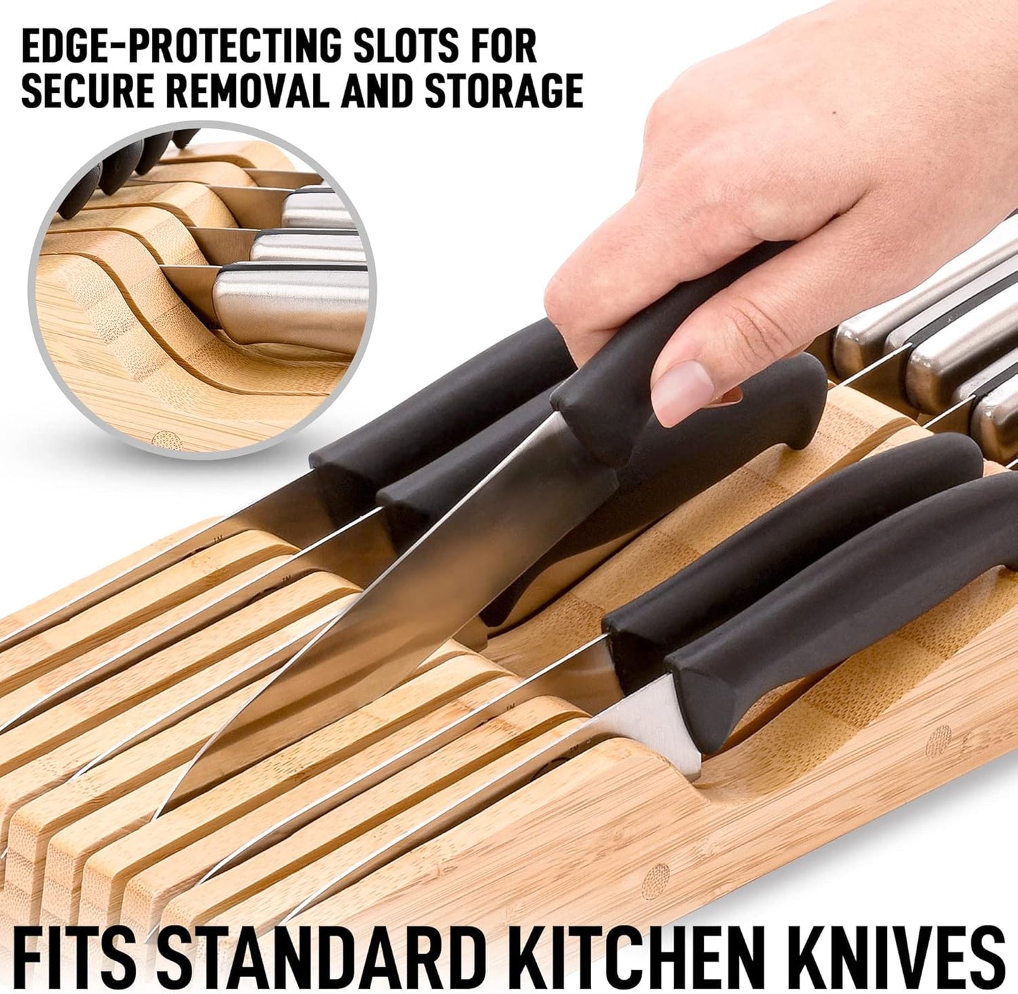 Bamboo Knife Drawer Organizer Insert - Edge-Protecting Knife Organizer Block Holds Up To 11 Knives - Smooth Finish Drawer Knife Organizer Tray Fits In Most Drawers For Kitchen