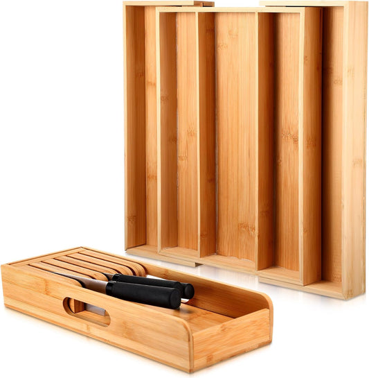 Baderke Bamboo Kitchen Drawer Organizer, Knife Drawer Organizer Drawer Dividers for Kitchen Utensils and Storage Knives Kitchen Steak Knives Holder Organizers Block Insert Dock for Drawer in Storage