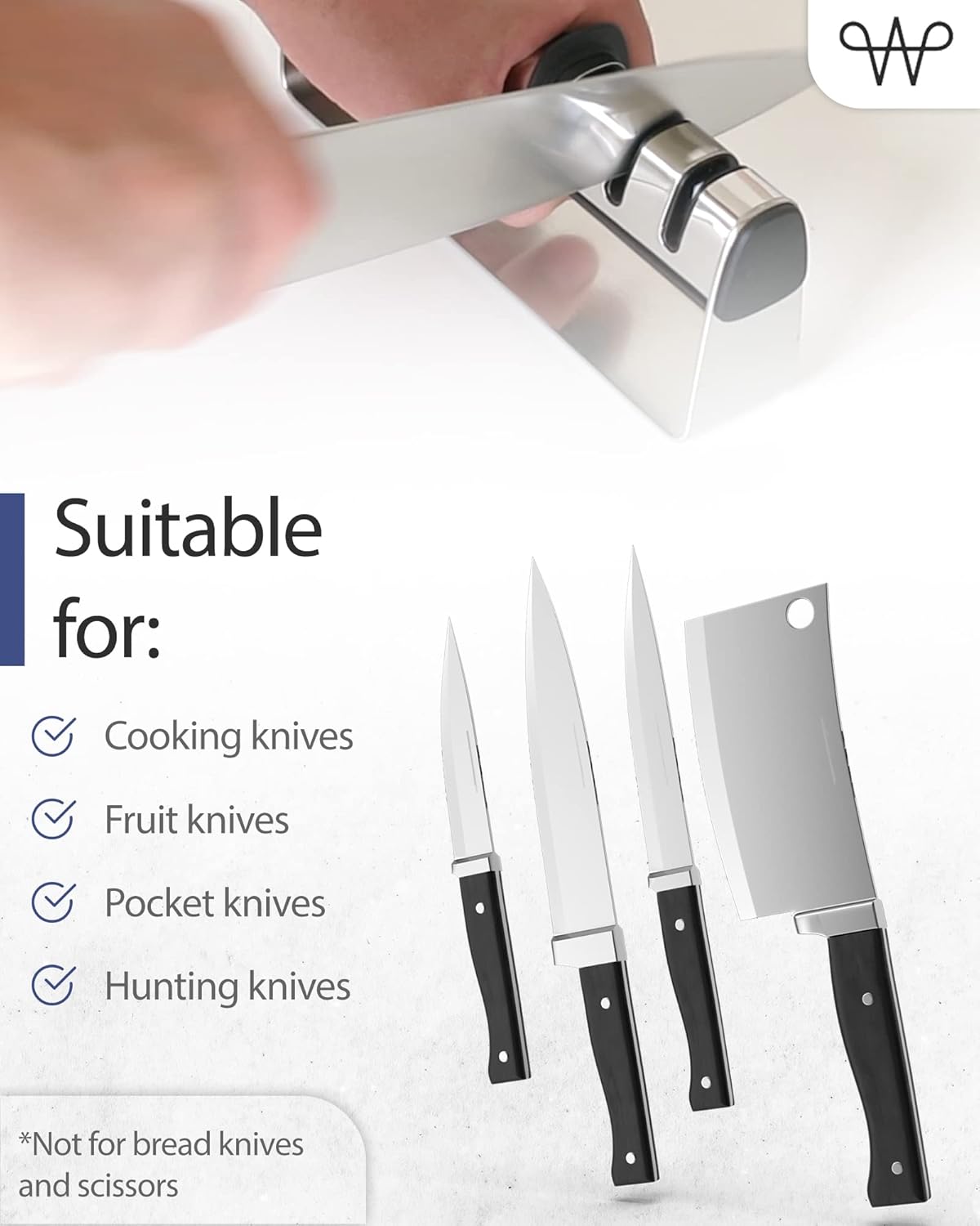 WERTA Knife Sharpener Stainless Steel - 3-Stage Knife Sharpening - Ideal for Chef Knife & Kitchen Knive - Left & Right-Handed Use - Premium Quality