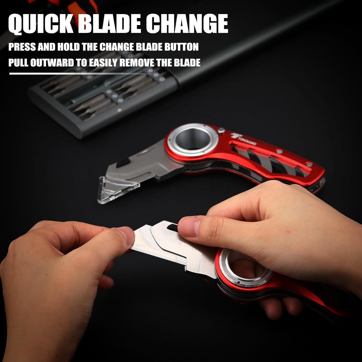 Tondiamo 4 Pcs Folding Pocket Utility Knife Heavy Duty Box Cutter Folding Razor Knife with Anti Slip Finger Loop Easy Change Blades 3 Lock Positions Design (Yellow,Red,Black,Green)
