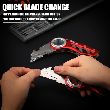 Tondiamo 4 Pcs Folding Pocket Utility Knife Heavy Duty Box Cutter Folding Razor Knife with Anti Slip Finger Loop Easy Change Blades 3 Lock Positions Design (Yellow,Red,Black,Green)
