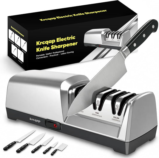 Electric Knife Sharpener for Kitchen Knives, 3-Stage Diamond Sharpening System, Restore Razor-Sharp Edges in Seconds, Professional Knife Sharpener with Magnetic Dust Collector and 15° Angle Guide