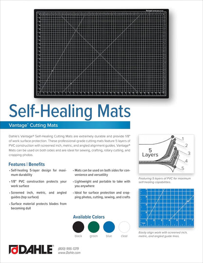 Dahle Vantage 10680 See-Through Premium Self-Healing Cutting Mat, 9"x12", 1/2" Grid, 5 Layers for Max Healing, Perfect for Crafts & Sewing, Clear