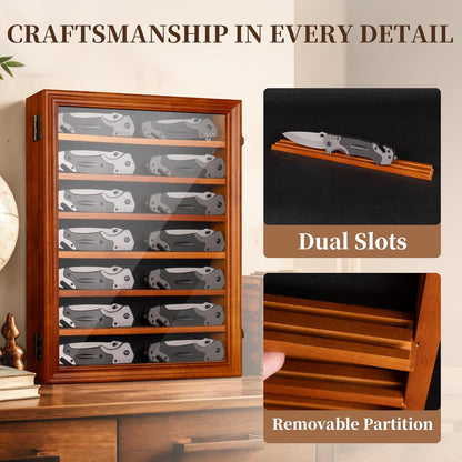 7 Row Knife Display Case for Wall Wooden Folding Knife Storage Stand with HD Tempered Glass & Removable Shelves Military Knife Organizer for Collections - Black