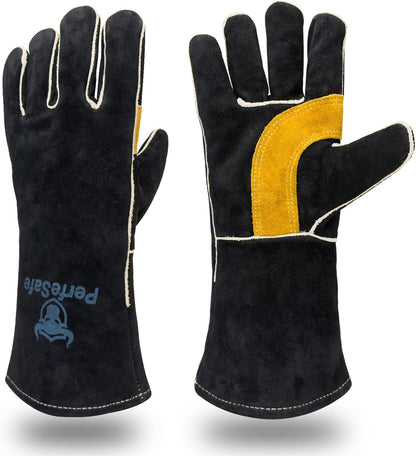 Welding Gloves 14 Inches, Heat Resistant 932 Leather Welders Gloves for MIG, TIG, Stick, Long Sleeve Grill Gloves for Welding, Fireplace, BBQ, Oven, Furnace, Wood Stove, Animal Handling Grey