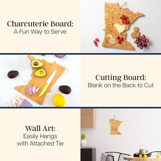 Totally Bamboo Destination Minnesota Shaped Cutting Board – Bamboo Charcuterie and Serving Board with Hang Tie for Wall Display