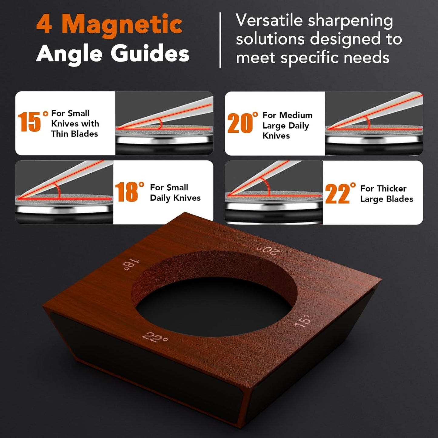 Rolling Knife Sharpener for Razor Sharp Edges, Kitchen Knife Sharpening Tool Kit for Steel of Any Hardness, 15°, 18°, 20° & 22° Magnetic Angle Eco-Friendly Sturdy Sapele Wood