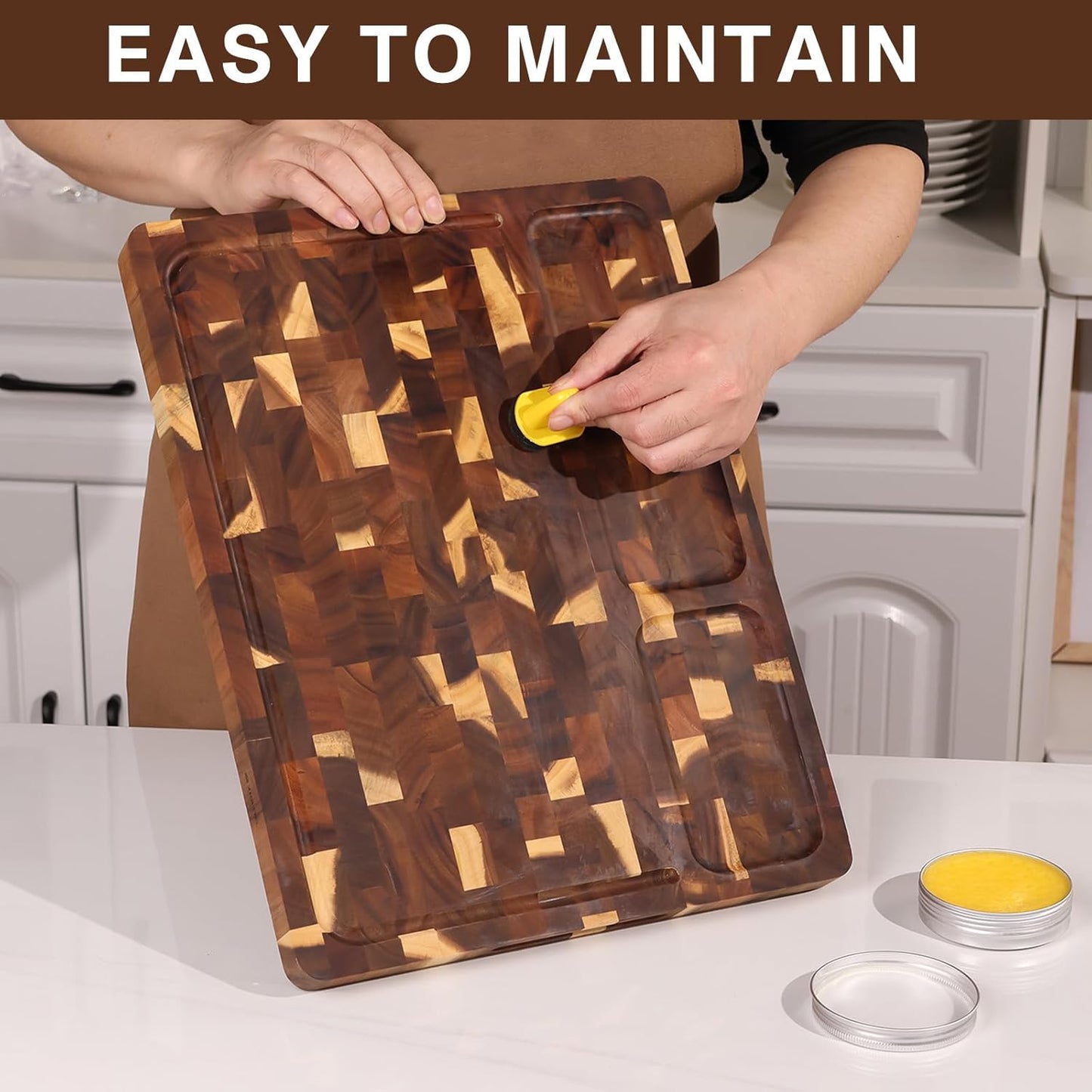End Grain Cutting Board Double Sided, Walnut Wood Cutting Boards Butcher Block for Kitchen, Wooden Chopping Board with Deep Juice Groove, Handles, Stands & Mineral Oil Kit, 16.8" x 12.9" x 1"