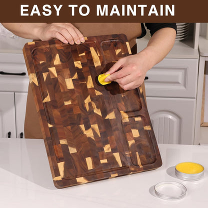 End Grain Cutting Board Double Sided, Walnut Wood Cutting Boards Butcher Block for Kitchen, Wooden Chopping Board with Deep Juice Groove, Handles, Stands & Mineral Oil Kit, 16.8" x 12.9" x 1"