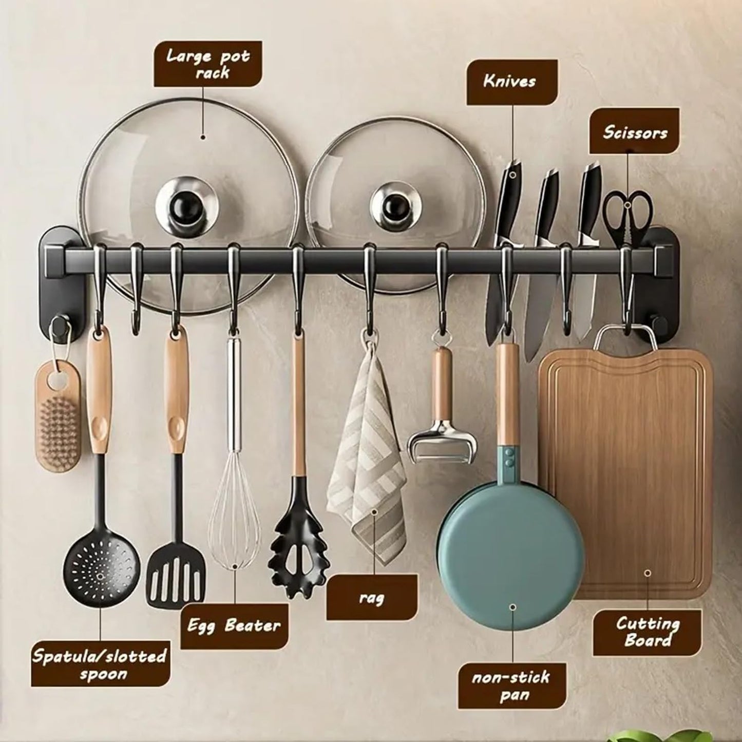 AmoiChic Adhesive Wall Mounted Pot Pan Rack, Kitchen Wall Mounted Detachable Pan Lid Utensils Organizer Hanging Rail with 8 Hooks for Kitchen Bathroom Bedroom,17.7''