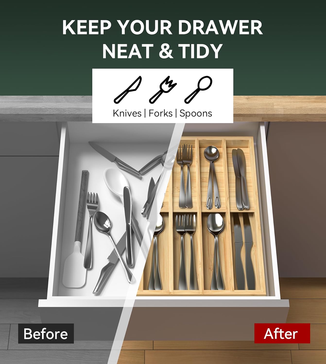 Silverware Organizer, Utensil Drawer Organizer & Cutlery Tray Dividers for Spoons Forks Knives (10 Slot,Natural Bamboo), 16”Dx12.3”Wx1.7”H