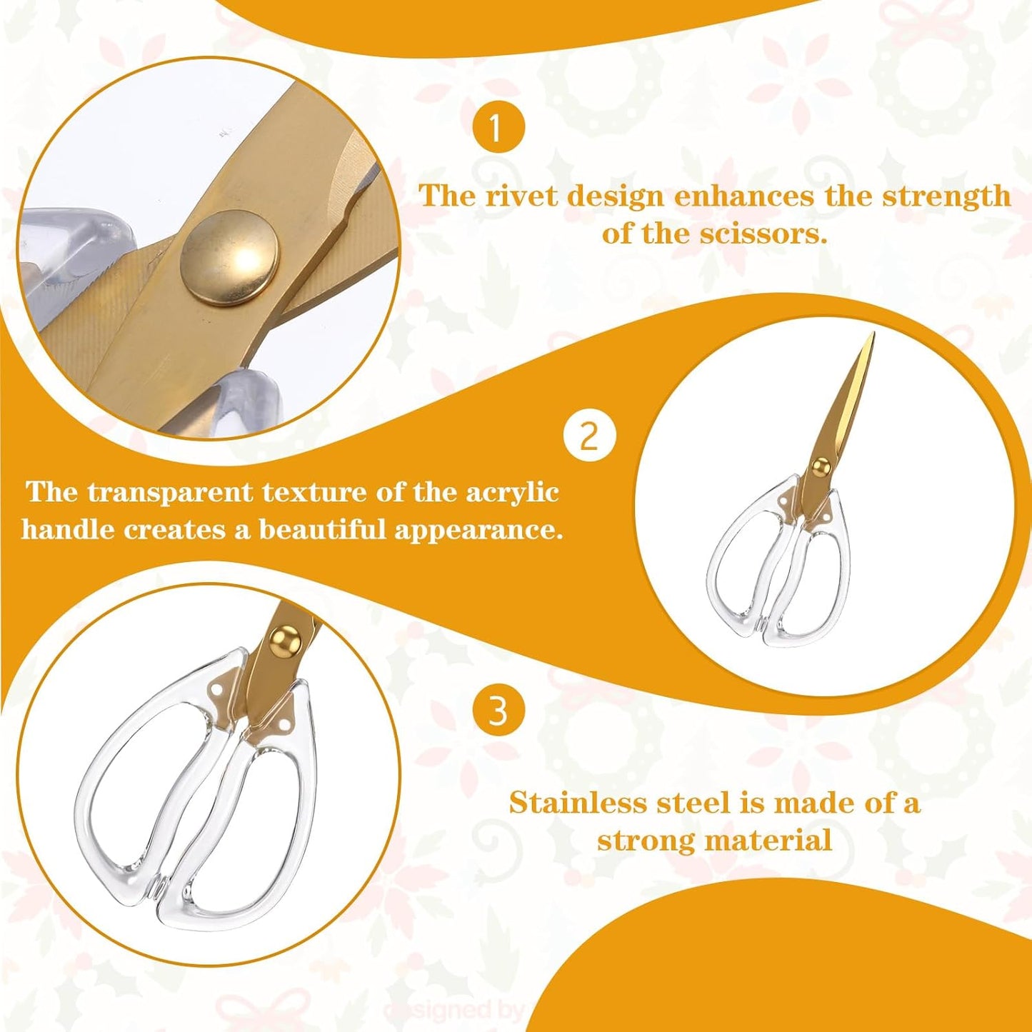 Kitchen Shears, 8 Inch Gold Scissor, Cooking Scissor, Cheese Scissors, Meat and Poultry Shears, Dishwasher Safe, Acrylic Handle Scissors, All Purpose Stainless Steel Utility Scissor（Clear）