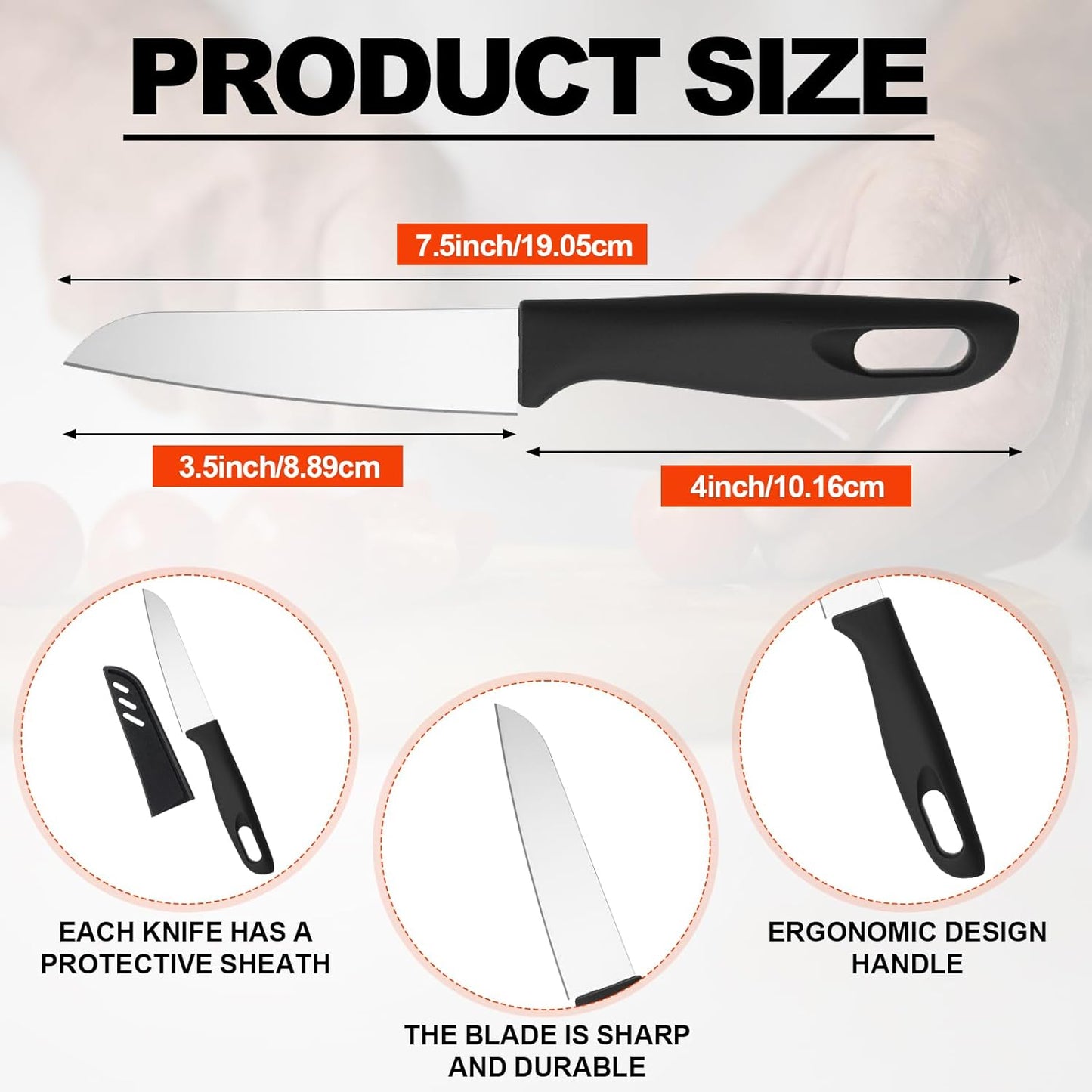 50 Pcs Paring Knives with Cover 7.5 Inch Sharp Stainless Steel Knife with Ergonomic Plastic Handle and Blade Cover for Fruit Vegetable Kitchen, Black