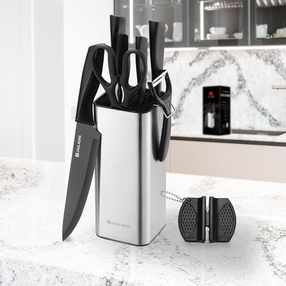 Knife set, 9 Pieces Knives Set for Kitchen with Block and Sharpener, Stainless Steel Dishwasher Safe Knives Set for Kitchen Home Use, Black