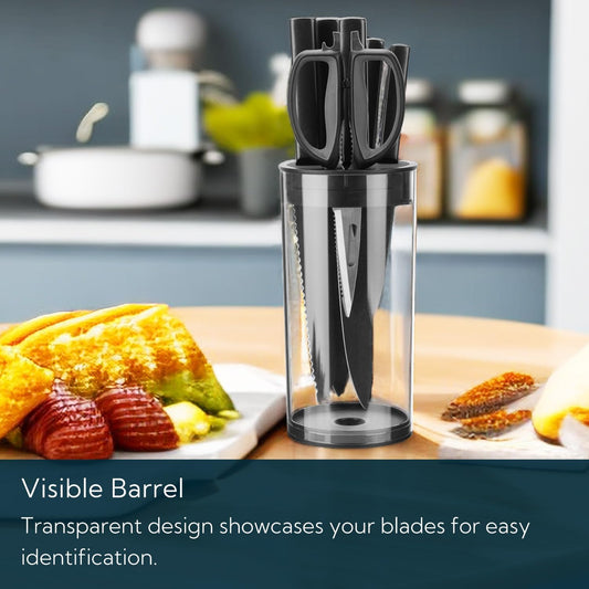 Universal Knife Block without Knives, Round Kitchen Knife Holder with Scissors Slot，Space Saver Knife Storage with Clear Barrel - Unique Slot Design to Protect Blades and Detach for Easy Cleaning