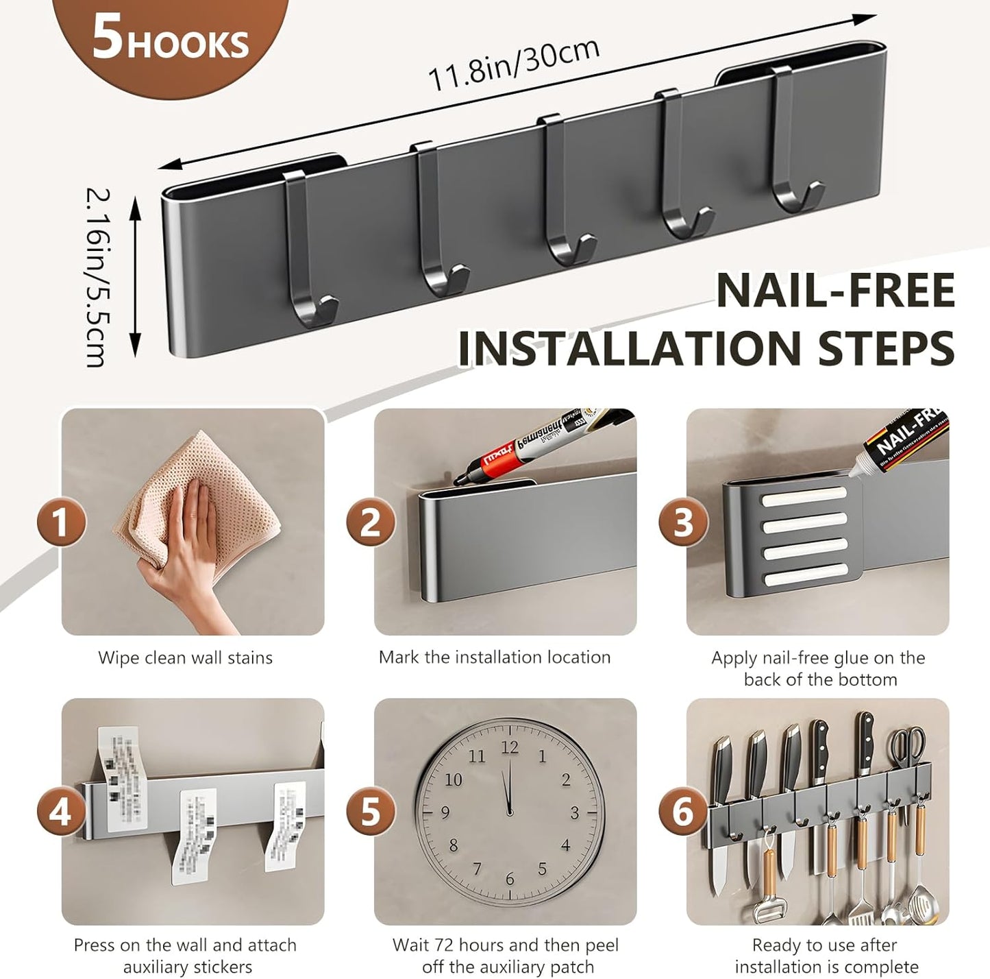 Knife Holder for Wall Mount-Knife Strips with Hooks Stainless Steel Wall Knife Rack-Knife Block-Knife Rack-Utensil Hanger-Kitchen Utensil Holder (Black, 50 CM+9 Hooks)