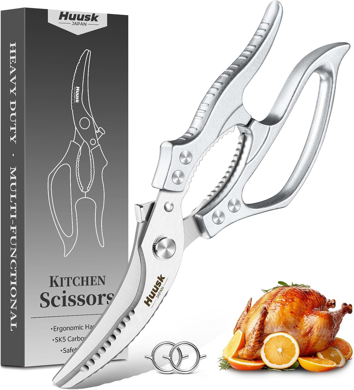 Huusk Poultry Shears Heavy Duty – All Purpose Japanese Kitchen Scissors for Chicken, Meat, Fish, Vegetables & Pizza with Ergonomic Non-Slip Red Handle, Gifts for Women Men