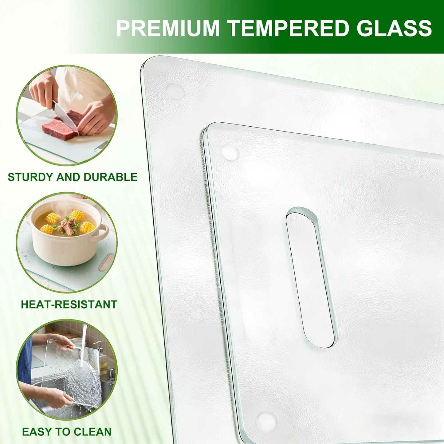 Tempered Glass Cutting Board with Handle, 3PCS Frosted Glass Cutting Board for kitchen counter, Non Toxic, Plastic Free, Scratch Resistant, Dishwasher Safe, Easy to Clean(16"x12"&15"x10"&12"x8")