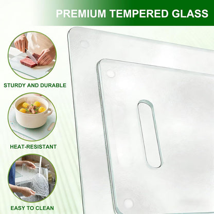 Tempered Glass Cutting Board with Handle, 3PCS Frosted Glass Cutting Board for kitchen counter, Non Toxic, Plastic Free, Scratch Resistant, Dishwasher Safe, Easy to Clean(16"x12"&15"x10"&12"x8")