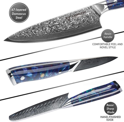 Steak Knives Set of 4, Ultra Sharp Non Serrated Kitchen Steak Knife 5 Inch - Damascus Steel & Resin Handle - Xuan Series (Sapphire Blue)