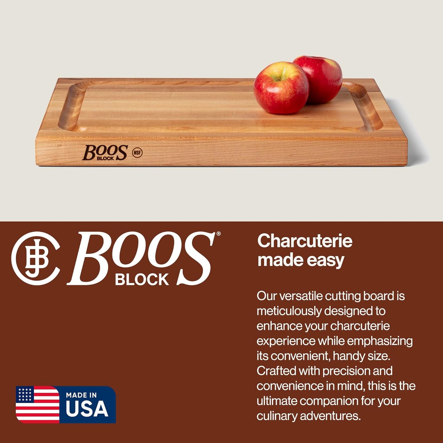 John Boos BBQ Series Rectangular Wooden Maple Cutting Board 18”x12” – 1.5” Thick, 8.5-lb Reversible Butcher Block with Juice Groove, Edge-Grain & Finger Grips– Made in the USA