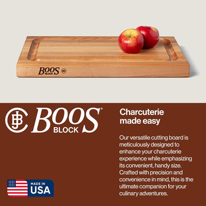 John Boos BBQ Series Rectangular Wooden Maple Cutting Board 18”x12” – 1.5” Thick, 8.5-lb Reversible Butcher Block with Juice Groove, Edge-Grain & Finger Grips– Made in the USA