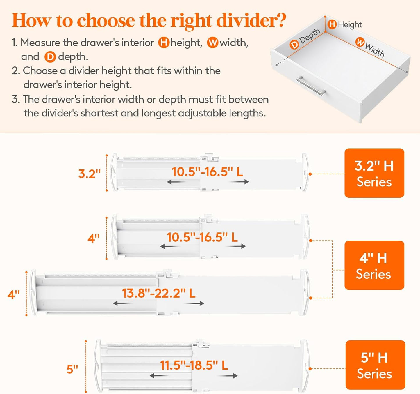 Lifewit Drawer Dividers for Clothes, 3.2" High 10.5"-16.5" Expandable Dresser Drawer Organizers, Adjustable White Plastic Separators for Kitchen, Cabinet, Nursery, Socks & Underwear Storage, 4 Pack