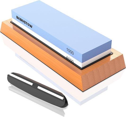 Premium Whetstone Knife Sharpening Stone 2 Side Grit 1000/6000 Waterstone- Whetstone Knife Sharpener & Honing Stones - NonSlip Bamboo Base & Angle Guide