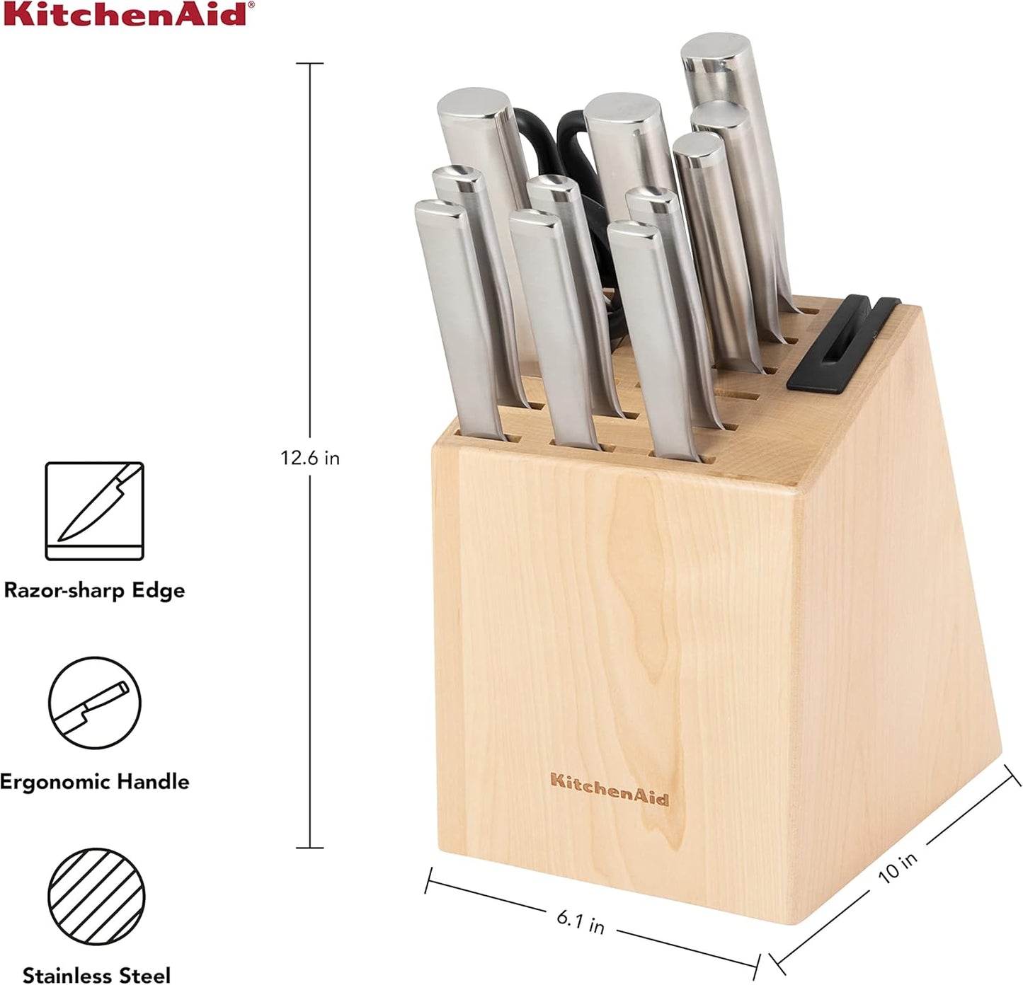 KitchenAid Gourmet Knife Block Set with Built-in Sharpener, 15-Piece, Stainless Steel