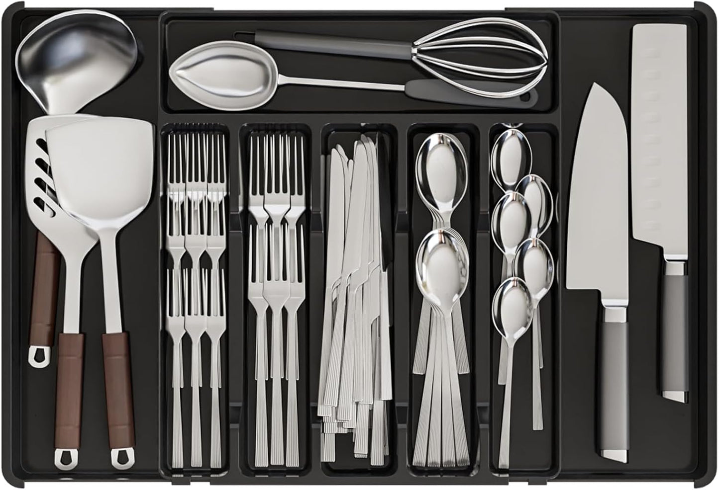 Yieach Black Expandable Silverware Drawer Organizer - Adjust From 11'' to 22'' - Knife,Cutlery,Spoons and Forks Organizer,Large 8 Grid Flatware,Silverware Tray,Utensil Organizer for Kitchen Drawers