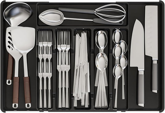 Yieach Clear Expandable Silverware Drawer Organizer - Adjust From 11'' to 22'' - Knife,Cutlery,Spoons and Forks Organizer,Large 8 Grid Flatware,Silverware Tray,Utensil Organizer for Kitchen Drawers