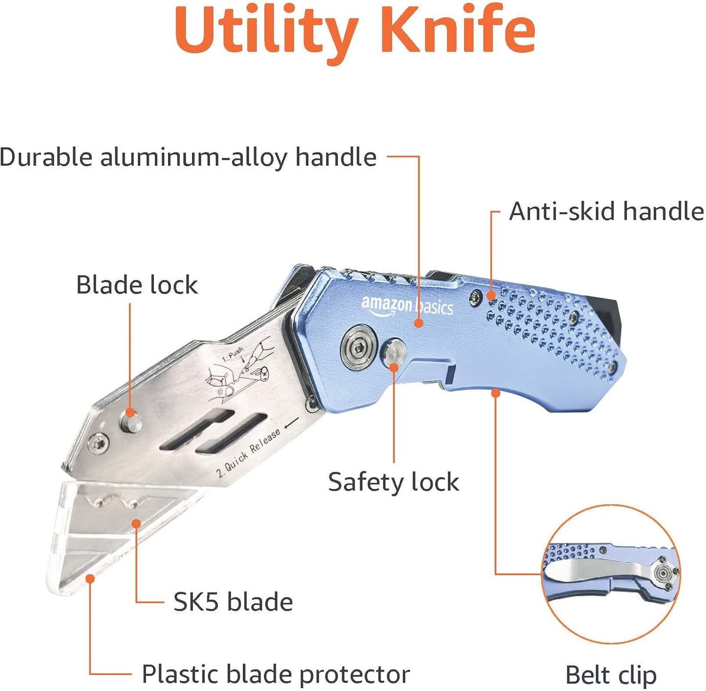 Amazon Basics Folding Utility Knife Box Cutter with Locking Mechanism, Quick Change Blade, Lightweight Aluminum Body, Holster, Light Blue