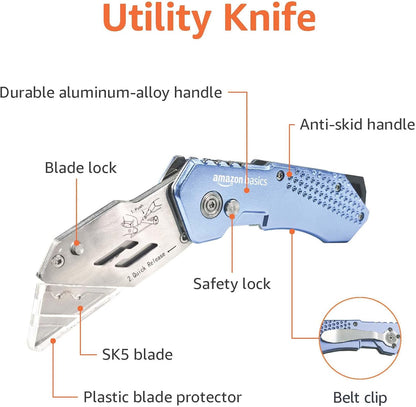 Amazon Basics Folding Utility Knife Box Cutter with Locking Mechanism, Quick Change Blade, Lightweight Aluminum Body, Holster, Light Blue