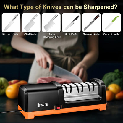 Knife Sharpener Electric for Kitchen Knives, with 100% Diamond Abrasives and Precision Angle Guides, 3-Stage Professional Automatic Quickly Sharpening/Polishing, Black/Orange