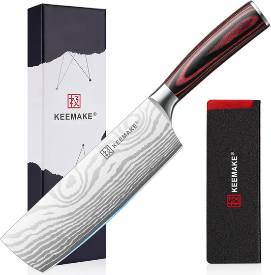 KEEMAKE 7 Inch Nakiri Knife Japanese Kitchen Vegetable Cleaver - Razor Sharp German High Carbon Stainless Steel Meat Slicing Cutter - Ergonomic Pakkawood Handle with Sheath and Gift Box for Camping.