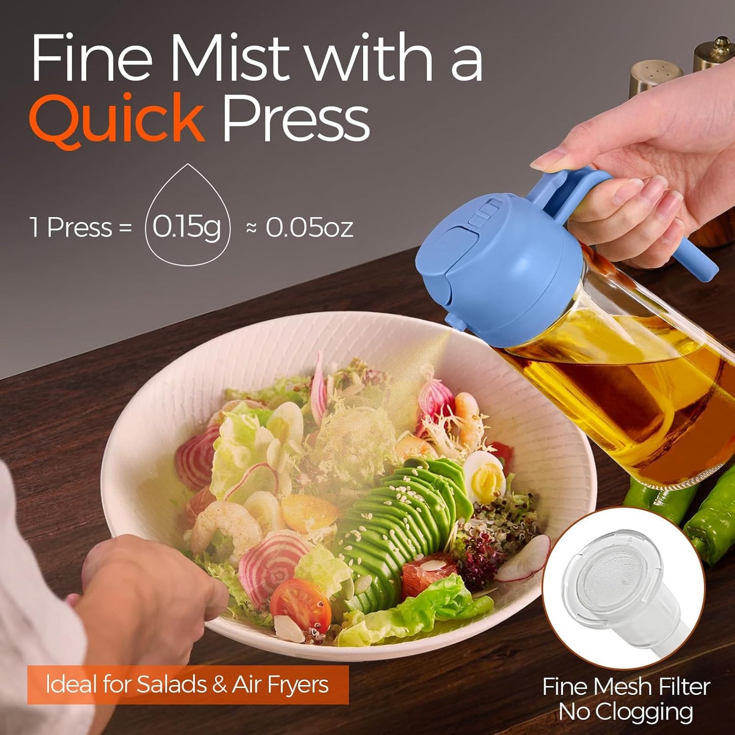 YARRAMATE 16oz/470ml Glass Olive Oil Sprayer for Cooking with Stickers, 2 in 1 Oil Dispenser for Kitchen Gadgets, Food Grade Premium Spray Bottle for Salad, Frying, BBQ (Creamy White)