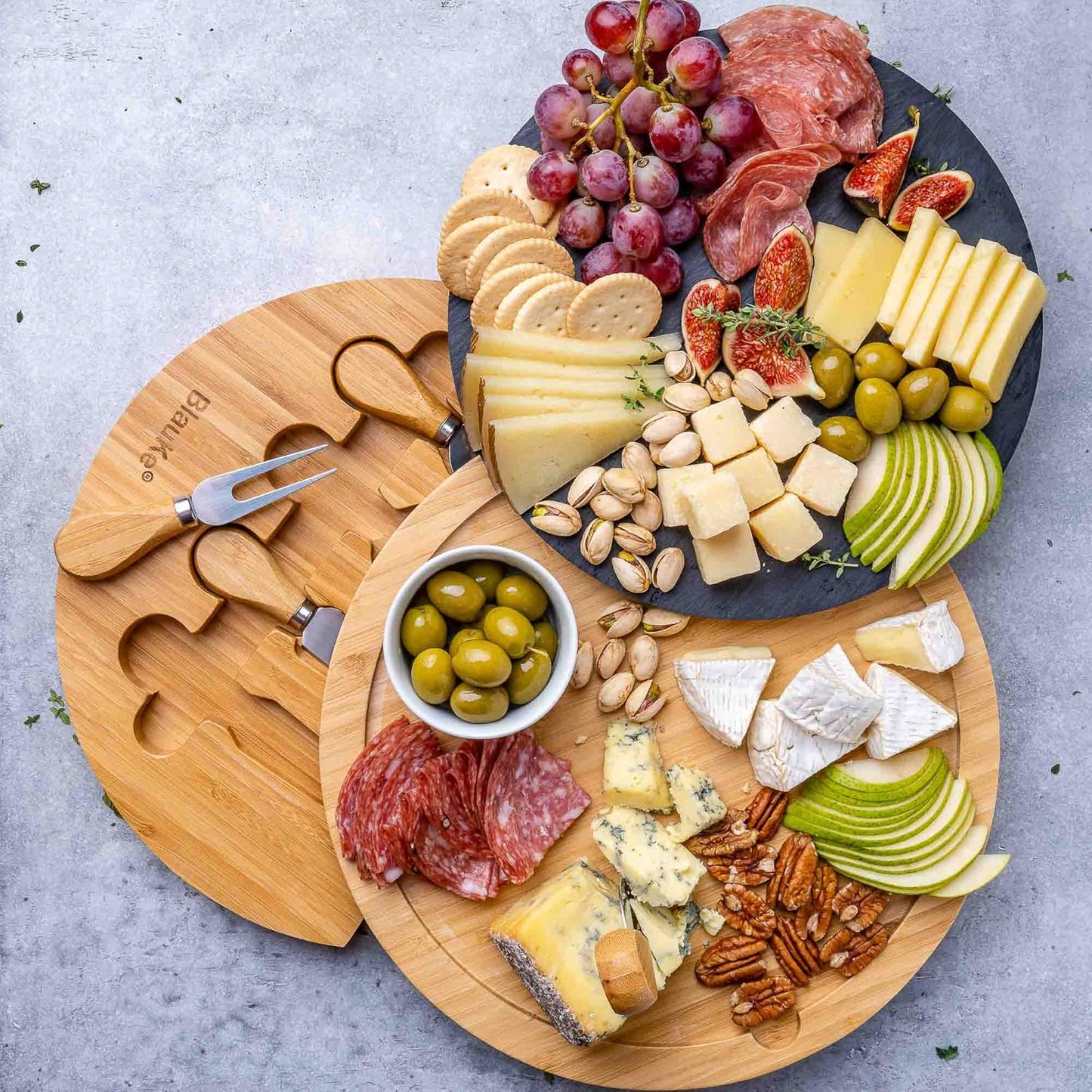 Bamboo Cheese Board and Knife Set 14x11 inch – Wood Cheese Cutting Board, Serving Tray Platter, Charcuterie Board Set with 4 Cheese Knives – BlauKe®