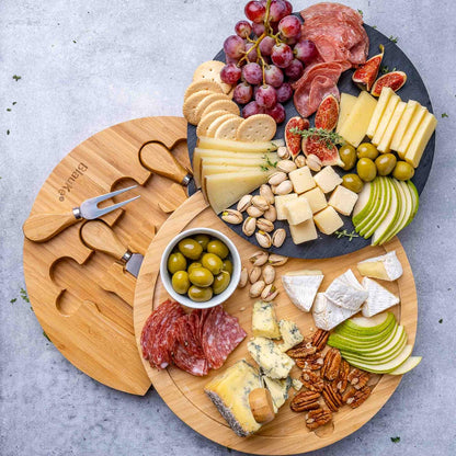 Bamboo Cheese Board and Knife Set 14x11 inch – Wood Cheese Cutting Board, Serving Tray Platter, Charcuterie Board Set with 4 Cheese Knives – BlauKe®