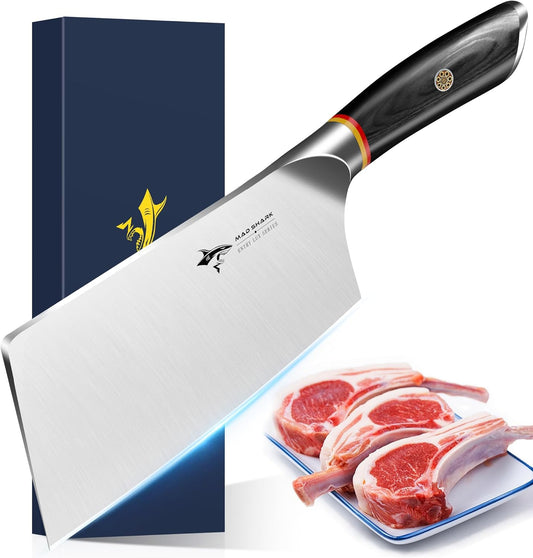 MAD SHARK Meat Cleaver, Professional 7.5 Inch Bone Chopping Butcher Knife with Heavy Duty Blade, German Military Grade Composite Steel, Chinese Chef's Bone Cutting Knife for Home Kitchen & Restaurant
