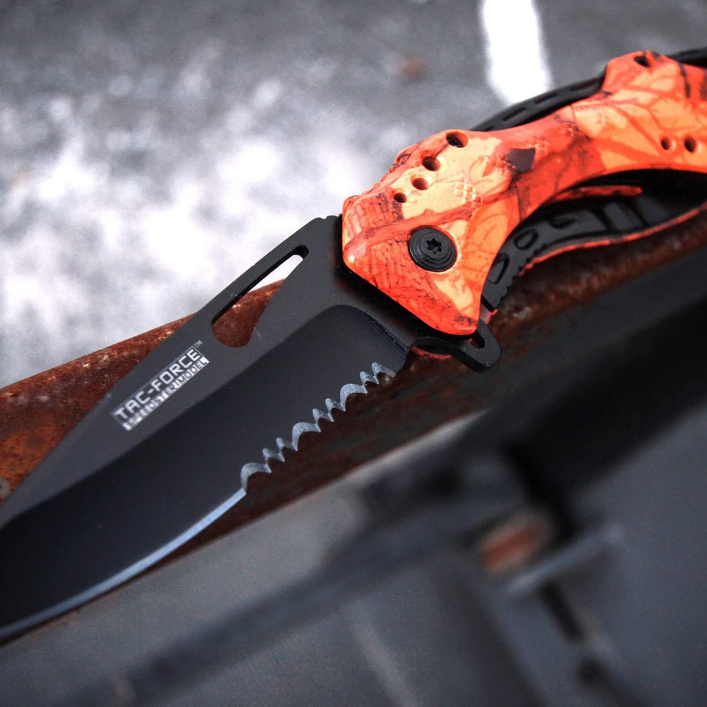 Tac-Force Folding Pocket Knife, 3.25-inch Serrated Blade, Orange Aluminum Handle, 7.75-inch Overall Length TF-705EM