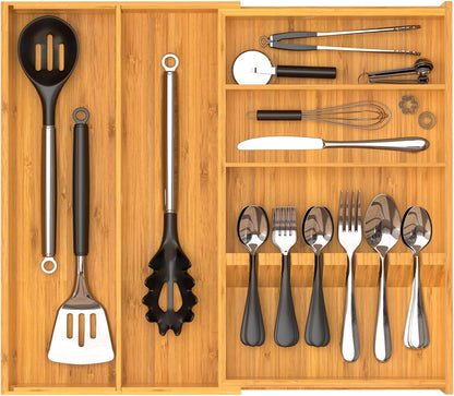 Yofidra Bamboo Silverware Organizer, 12.6 x 6.97 x 1.96 Inches Kitchen Utensil Drawer Organizer, Silverware Tray for Drawer with Fixed Slots for Spoons, Forks & Knives, Natural