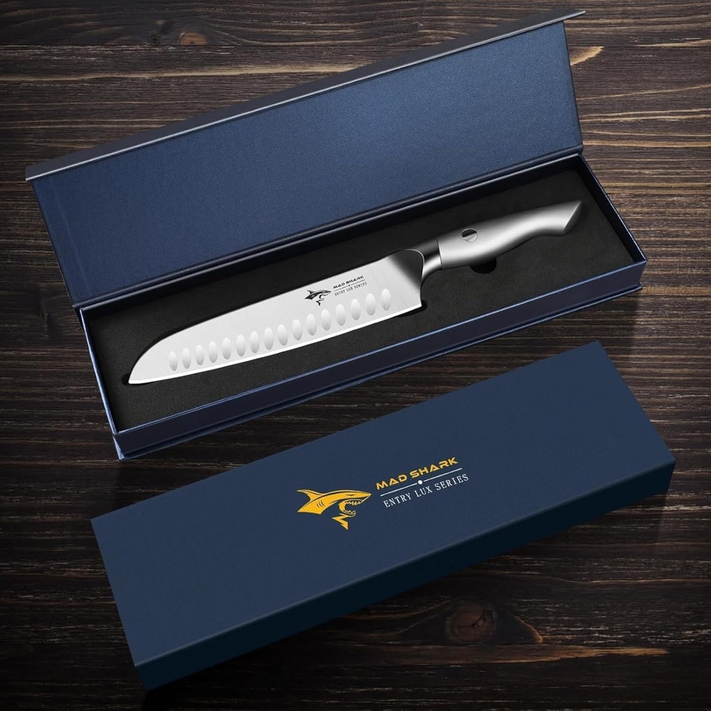 MAD SHARK 8 Inch Santoku Knife - Ultra Sharp Japanese Kitchen Knife with High Carbon German Steel, Ergonomic Handle, Ideal for Slicing, Dicing, Cutting - Unique Gift for Chefs, Men & Women (Black)