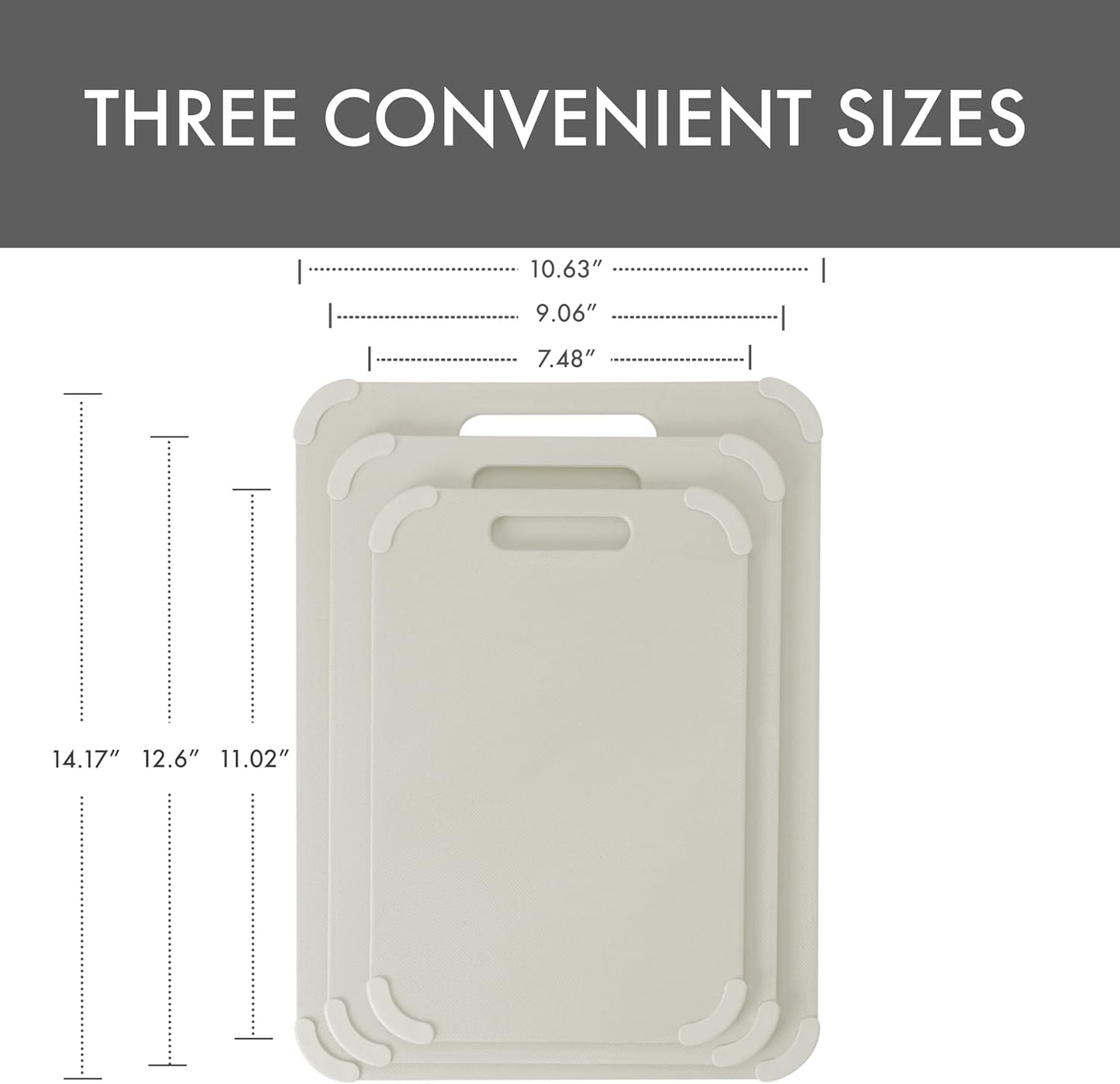 Dexas Fresh Prep 3-Pack Non-Slip Cutting Board Set – Dishwasher Safe Plastic Boards with Silicone Grip Corners & Handle, Sage (14.17" x 10.63", 12.6" x 9.06", 11.02" x 7.48")