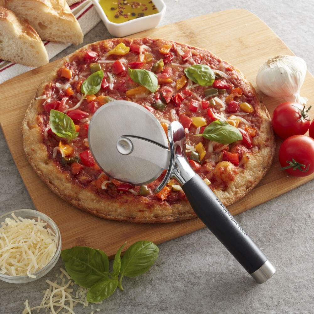 KitchenAid Gourmet Stainless Steel Pizza Wheel with Sharp Blade to Easily Cutting Pizza Crusts, Pies, and more, Finger Guard for Safety and Comfort Grip to Protect Fingers, Dishwasher Safe, Black