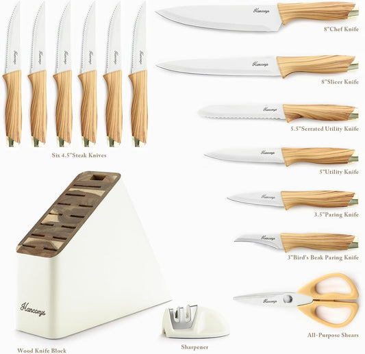Knife Block Set, Kitchen Knife Set with Sharpener, German Stainless Steel Gold Knives Set with Block and Ergonomic Wood Grain Handle, Ultra Sharp Cooking Knives