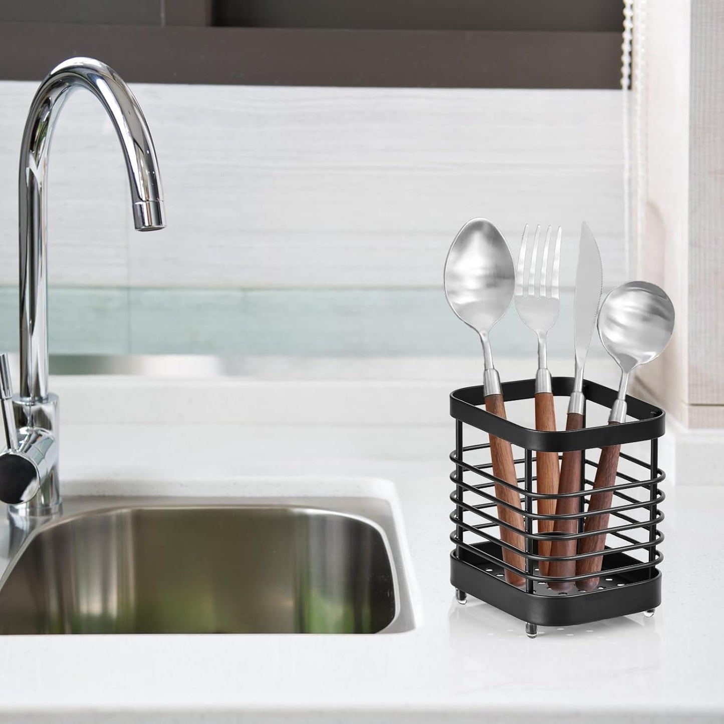 Utensil Holder, Stainless Steel Utensil Drying Rack for Kitchen Counter, Silverware Cutlery Flatware Holder Forks, Knives, Spoons, Chopsticks Organizer (Silver)