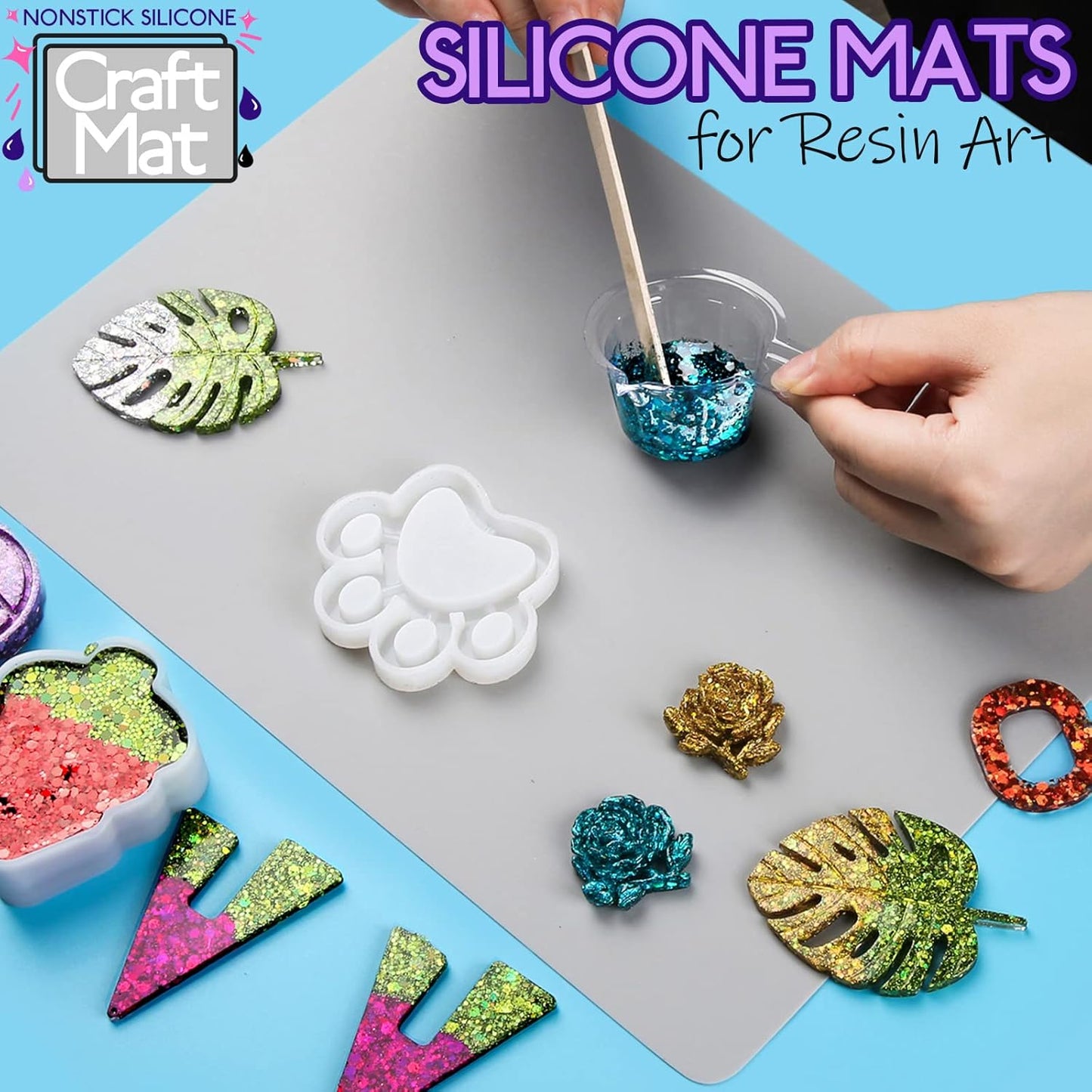 LEOBRO Silicone Mats for Crafts, 2 Pcs 11.69" x 8.26" Silicone Mats for Resin, Paint Clay Play Dough Mat, DIY Arts and Crafts, Light Gray & Clear