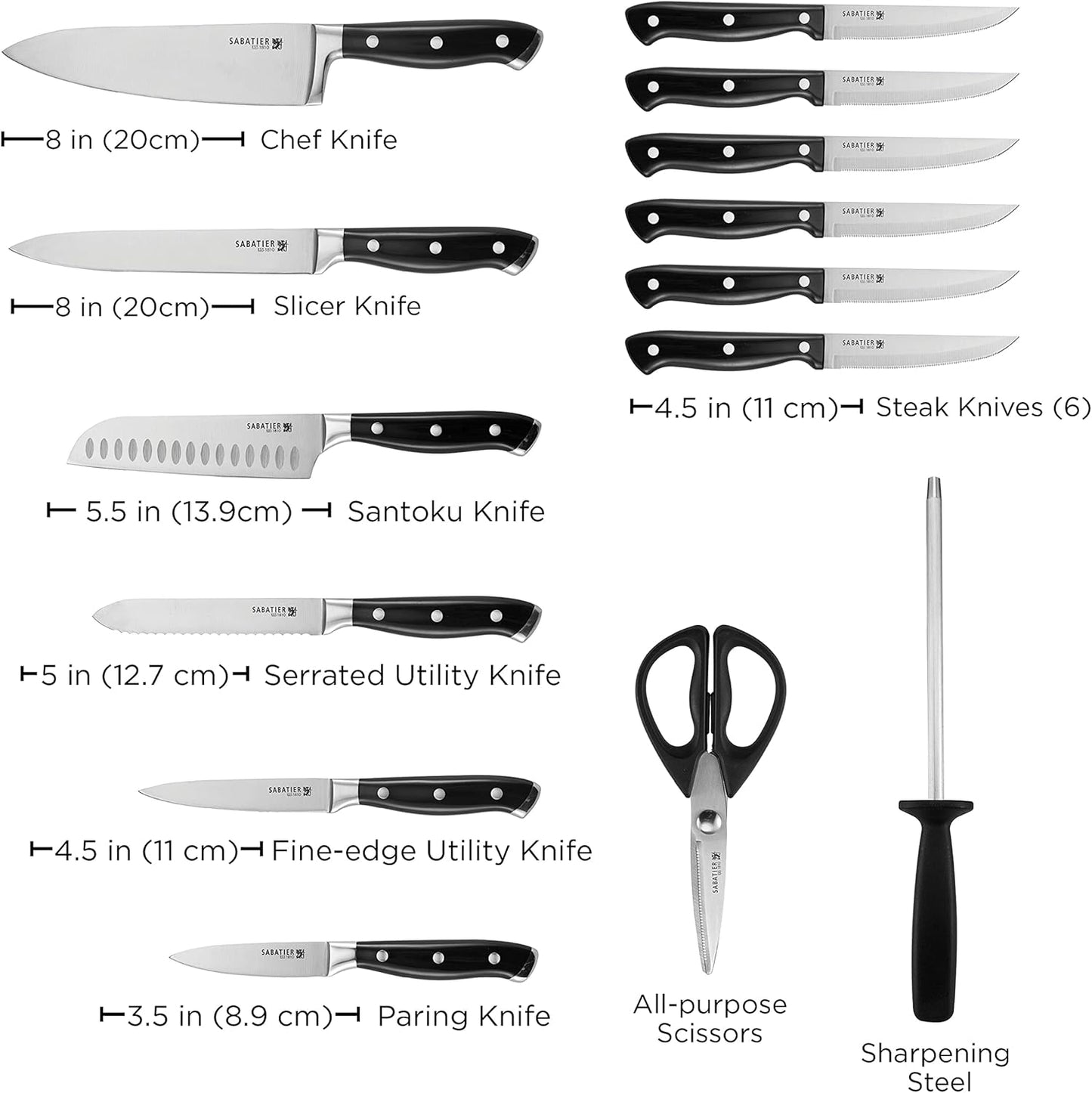 Sabatier 15-Piece Forged Triple Rivet Knife Block Set, High-Carbon Stainless Steel Kitchen Knives, Razor-Sharp Knife set with Acacia Wood Block, White Handles